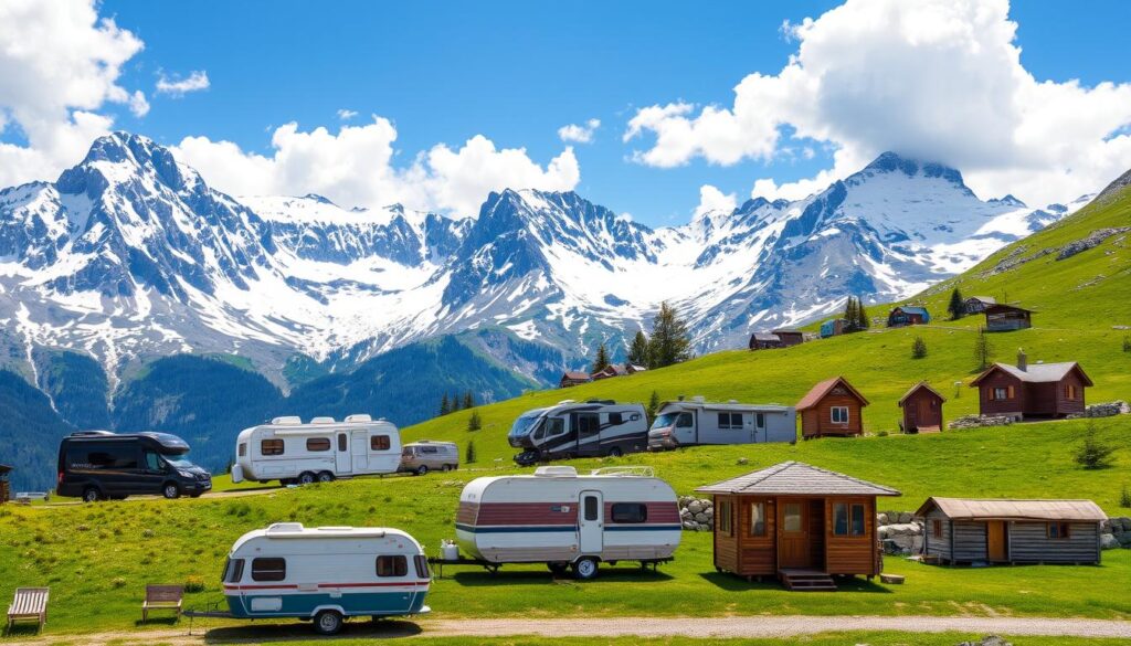 Fahrbare Häuser in den Alpen