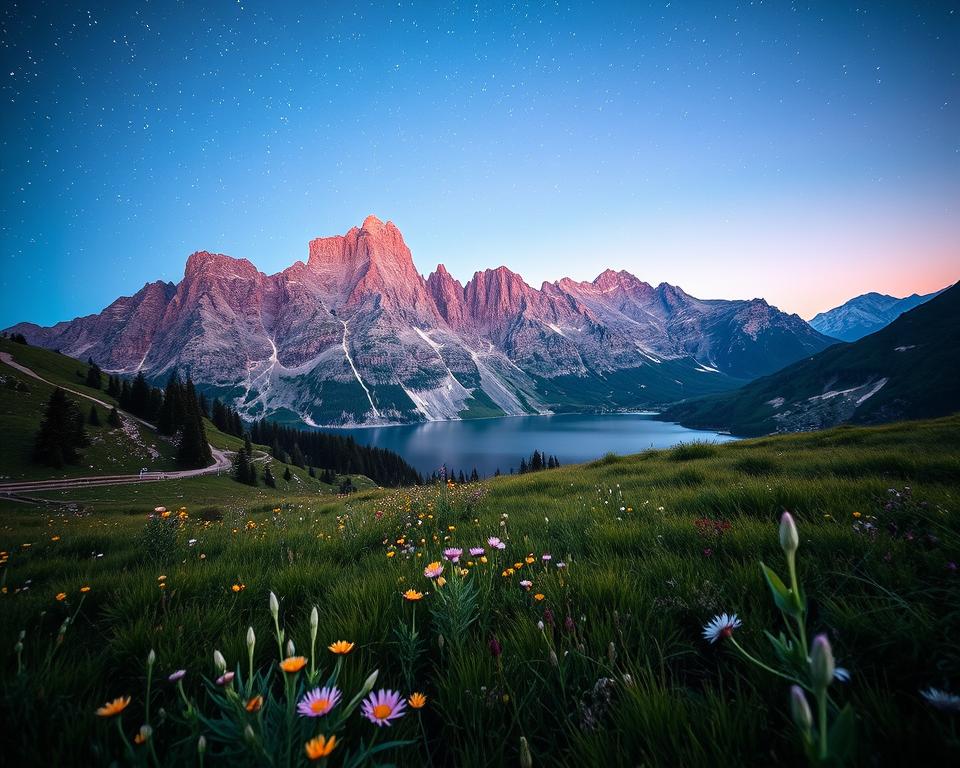 A breathtaking Alpine landscape at twilight, showcasing the beautiful phenomenon of alpenglühen, where the sun's last rays kiss the mountaintops, casting a warm, rosy hue on rugged peaks under a brilliant starry sky. In the foreground, lush green meadows dotted with wildflowers gently sway in the cool evening breeze. In the middle ground, majestic mountains stand tall, their rocky faces illuminated in soft pink and purple tones, while a serene lake reflects the stunning sky above. The background features a deep blue sky filled with stars, creating a tranquil and awe-inspiring atmosphere. The image should evoke a sense of peace and mindfulness, encouraging the viewer to connect with nature and appreciate the beauty of the Alpine wilderness. Use soft, natural lighting to enhance the serene mood and an angled perspective that captures both the expanse of the landscape and the intimacy of the scene.