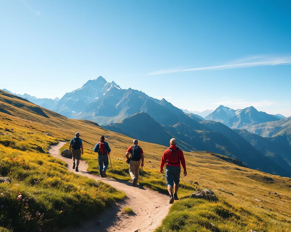 A breathtaking alpine landscape depicting a challenging hut-to-hut hiking trail. In the foreground, a well-defined dirt path winds through lush green meadows dotted with colorful wildflowers, showcasing hikers in modest, comfortable outdoor apparel, engaged in conversation and enjoying the scenery. The middle layer features rugged mountain peaks with snow caps partially visible, filtered sunlight casting dramatic shadows and highlights on the terrain. In the background, a clear blue sky enhances the serene atmosphere, with a few wispy clouds adding depth. The scene captures a sense of adventure and tranquility, emphasizing the beauty of nature and the invigorating spirit of alpine hiking. The lighting is warm and inviting, creating a motivational and inspiring mood.