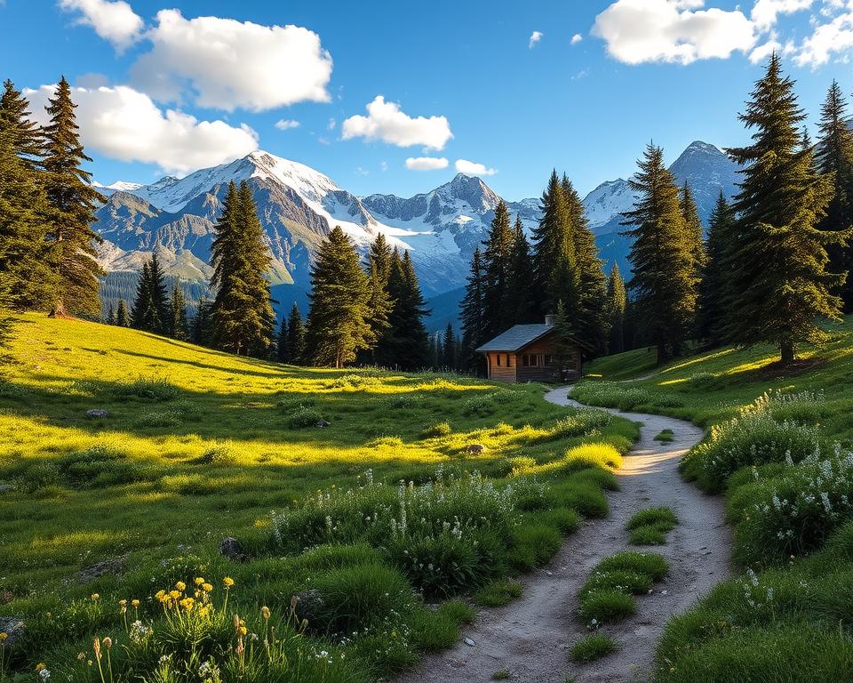 A breathtaking alpine landscape for a "tagesplanung hüttentour," featuring a winding trail that meanders through lush greenery and wildflowers in the foreground. In the middle, a cozy wooden hut appears, surrounded by tall pine trees, offering a tranquil resting spot for hikers. The background showcases towering snow-capped mountains under a clear blue sky with a few fluffy clouds, creating a serene and invigorating atmosphere. Soft, golden sunlight filters through the trees, casting gentle shadows on the ground, enhancing the inviting ambiance. The image conveys a sense of adventure and respect for nature, emphasizing a perfect balance of exploration and relaxation, ideal for a four-day hiking itinerary in the Alps.