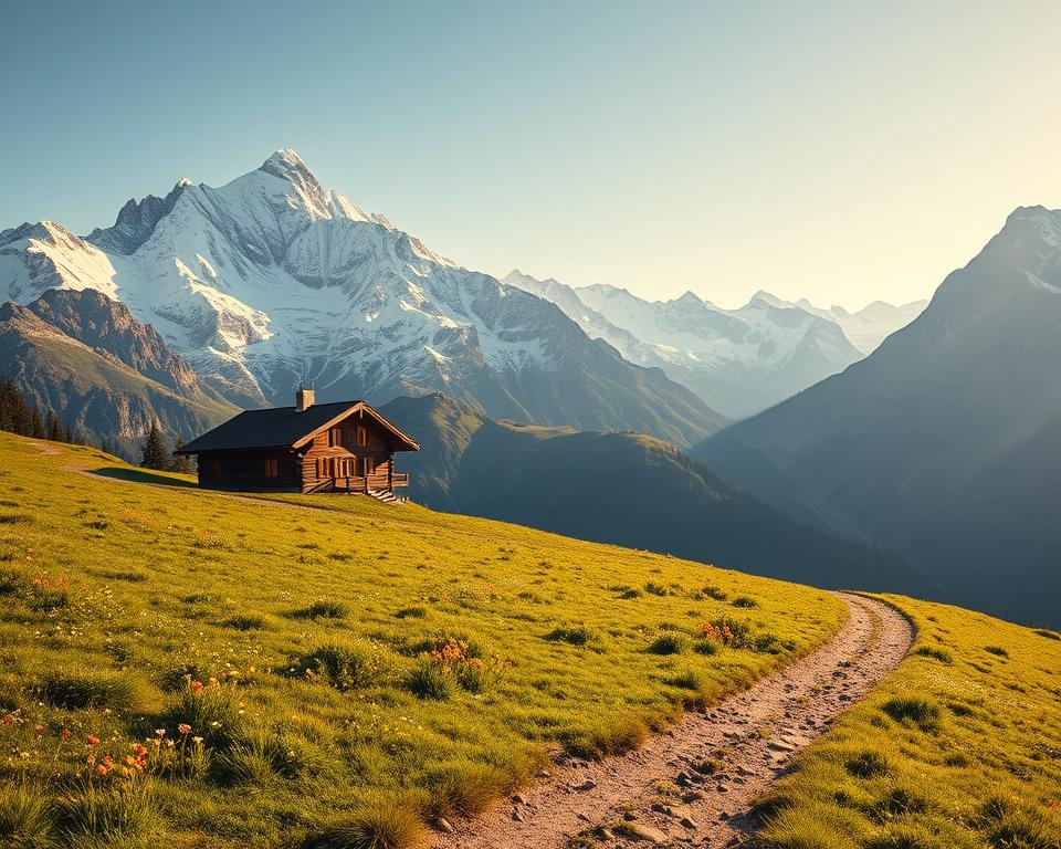 A breathtaking alpine landscape showcasing the beauty of the Alps, featuring dramatic peaks covered in snow with a clear blue sky. In the foreground, a serene hiking path winds through lush green meadows dotted with colorful wildflowers, evoking a sense of tranquility and adventure. In the middle ground, a traditional alpine chalet with wooden beams blends harmoniously with the surrounding nature, inviting exploration. In the background, majestic mountain ranges tower, creating a sense of grandeur. The scene is illuminated by warm, golden sunlight, casting soft shadows and enhancing the textures of the mountain terrain. The atmosphere feels refreshing and invigorating, inviting viewers to imagine the perfect four-day hut tour in the Alpine region.