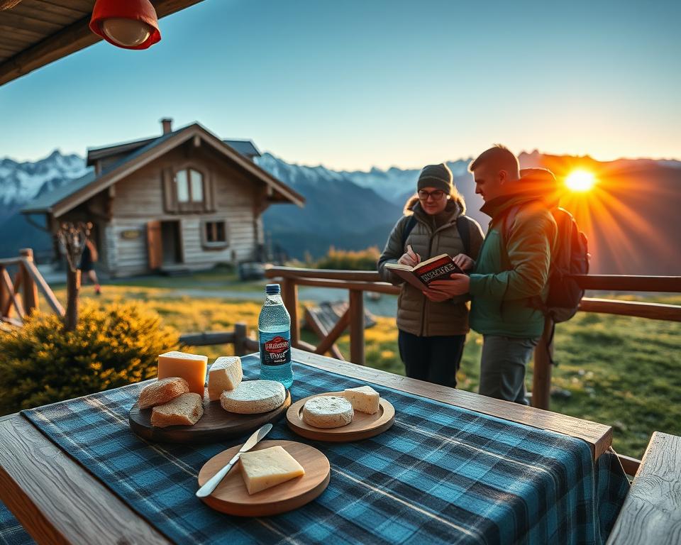 A cozy alpine hut nestled in a breathtaking mountain landscape, surrounded by lush greenery and majestic peaks. In the foreground, a wooden table is adorned with a blue plaid tablecloth and a selection of savory cheeses, fresh bread, and a bottle of mountain spring water, symbolizing the essence of "hüttenetikette." The middle ground features a pair of hikers in professional outdoor attire, engaging in a respectful discussion while referencing a rustic guestbook, embodying the etiquette of reserving and behaving in mountain huts. The background showcases a tranquil sunset casting warm golden hues on the snow-capped mountains, enhancing the serene atmosphere of alpine adventure. Natural lighting illuminates the scene for a welcoming, picturesque experience.