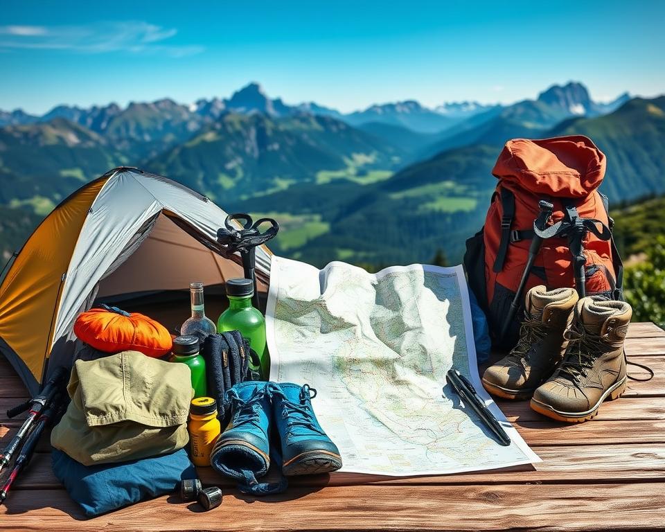A detailed packing list for a four-day hiking tour in the Alps, artistically arranged on a rustic wooden table. In the foreground, show items like a lightweight tent, a sturdy backpack, trekking poles, water bottles, and weather-resistant clothing, all neatly organized. In the middle ground, include hiking boots and a map featuring alpine trails, partially unfurled to suggest planning and adventure. The background features a breathtaking alpine landscape with majestic mountains, lush green valleys, and a clear blue sky, enhancing the mood of exploration and nature enjoyment. Soft, natural lighting highlights the textures of the gear and creates a warm, inviting atmosphere, perfect for outdoor enthusiasts. Capture this scene from a slightly elevated angle to show depth and detail in the arrangement.