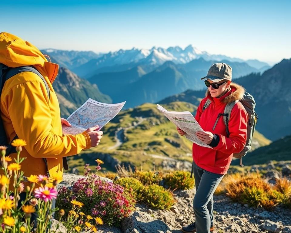 A knowledgeable hiker, clad in a vibrant, weather-resistant jacket and practical hiking gear, studies a detailed topographic map at a scenic alpine trailhead. In the foreground, colorful wildflowers bloom alongside the rocky path, while the hiker's intense focus conveys the importance of navigation. In the middle ground, a winding trail snakes through lush green valleys and rocky terrains, leading towards majestic snow-capped peaks that rise dramatically in the background under a clear blue sky. The lighting is warm and inviting, suggesting late afternoon, casting soft shadows that enhance the texture of the landscape. The overall mood is one of adventure and exploration, capturing the essence of safe and enjoyable hiking in the Alps.