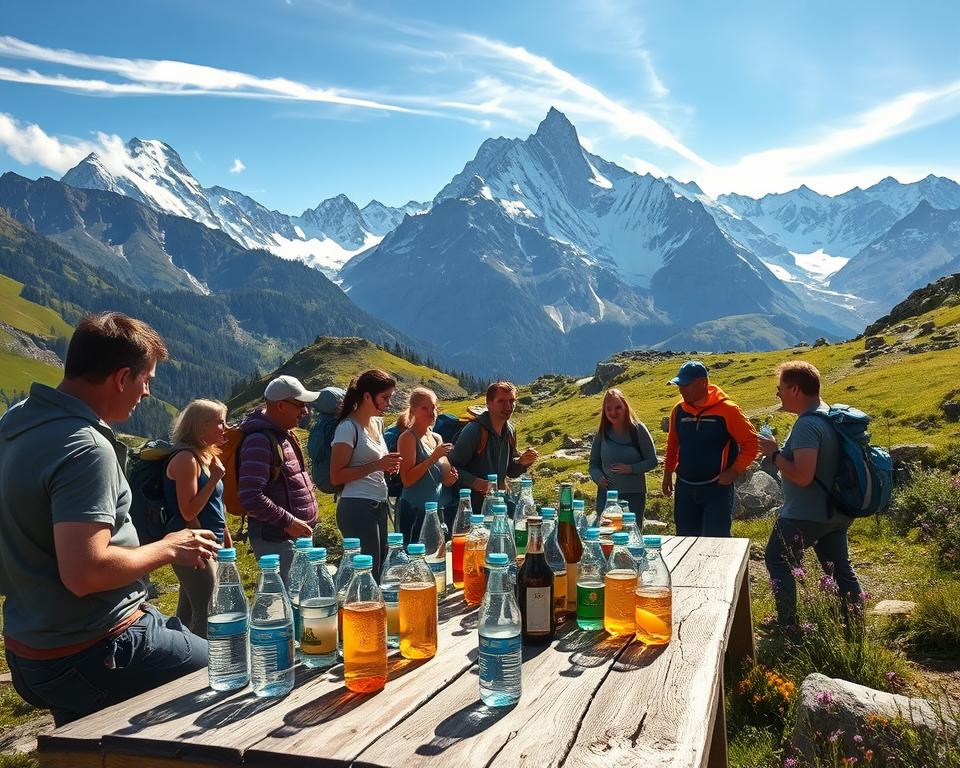 A scenic mountain landscape depicting hikers enjoying drinks during a trek in the Austrian Alps. In the foreground, a diverse group of hikers, wearing casual outdoor clothing, gathers around a rustic wooden table filled with refreshments, including water bottles and local Alpine beverages. The middle ground features lush greenery and rocky trails leading up the mountains, vibrant wildflowers dotting the scenery. In the background, towering snow-capped peaks rise majestically under a clear blue sky, with wisps of clouds reflecting the sunlight. Soft, natural lighting enhances the warm, inviting atmosphere, creating a sense of camaraderie and tranquility within this breathtaking mountainous setting. The scene captures the essence of nourishment and hydration while immersing in nature.