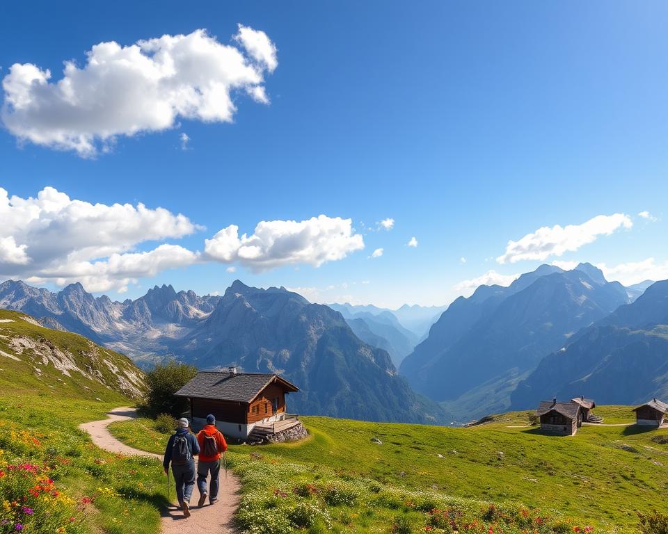 A scenic view of the Alps during the best hiking season, featuring a picturesque mountain hut nestled among lush green meadows and vibrant wildflowers. In the foreground, a winding trail invites hikers dressed in modest outdoor gear, showcasing their enthusiasm for nature exploration. The middle ground displays rugged, towering peaks under a bright blue sky with a few fluffy clouds, indicating ideal weather conditions. Sunlight casts a warm glow on the landscape, enhancing the rich colors and creating soft shadows. In the background, remote valleys and additional mountain huts are visible, highlighting the charm of an alpine hut tour. The atmosphere is tranquil yet vibrant, embodying the essence of outdoor adventure and natural beauty.