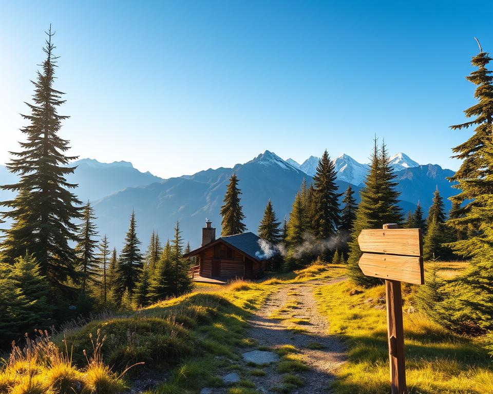 A serene mountain trail leading into the heart of the Alps, surrounded by lush greenery and majestic peaks. In the foreground, a well-maintained path with wooden signposts guiding hikers, inviting adventure. The middle ground features a cozy wooden hut nestled among tall pines, smoke gently rising from the chimney, suggesting warmth and refuge. In the background, vibrant mountains with snow-capped summits under a clear blue sky, highlighting the beauty of nature. Soft, golden sunlight filters through the trees, creating a warm and welcoming atmosphere. The scene conveys a sense of tranquility and exploration, making it perfect for illustrating a stress-free journey into the mountains.